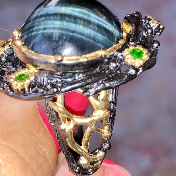 Genuine Tiger Eye Chrome Diopside Ring - Picture 3 of 8